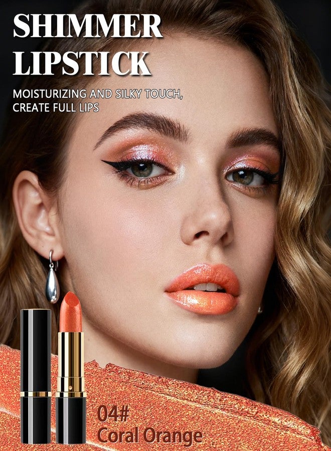 Lestpola Glitter Coral Orange Metallic Lipstick for Women, Long Lasting Hydrating Moisturizing Sparkly Lip Stick, Lightweight Non-Drying Waterproof Creamy Shimmer Pearl Tinted Lip Balm, High Glossy Makeup-04 - Image 2